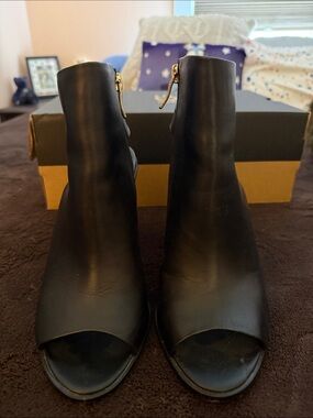 BCBG Black Leather Peep-Toe Ankle Booties with Gold Zipper